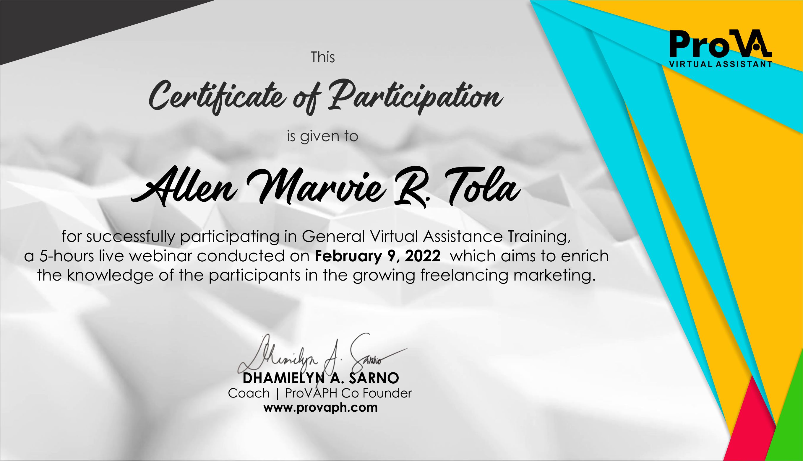 Certificate of Participation - General Virtual Assistant