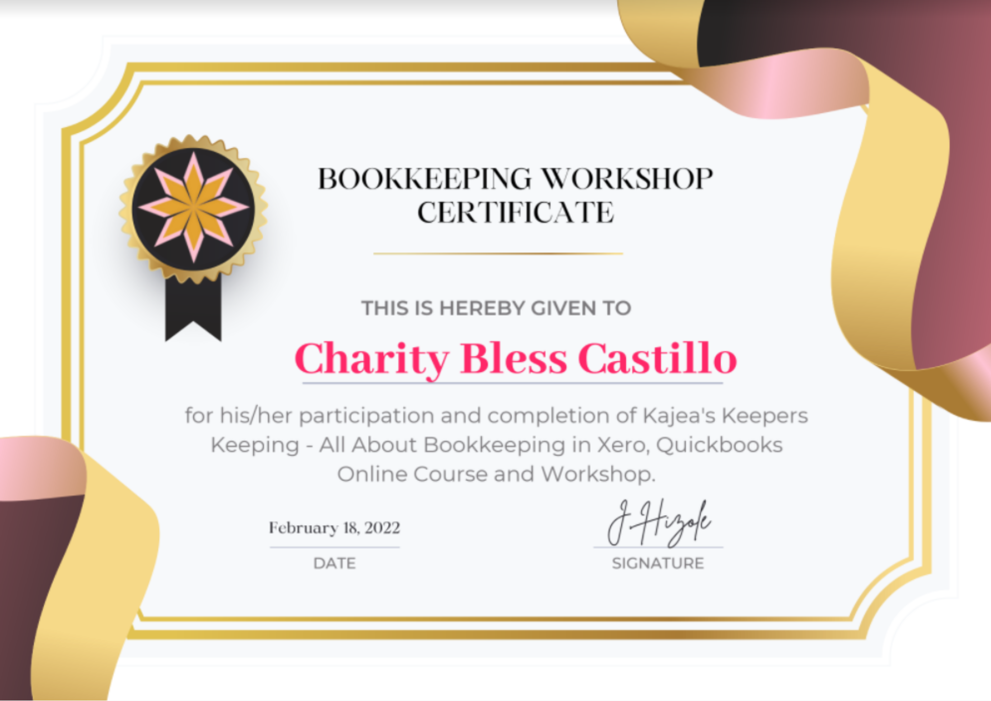 Bookkeeping Workshop Certtificate