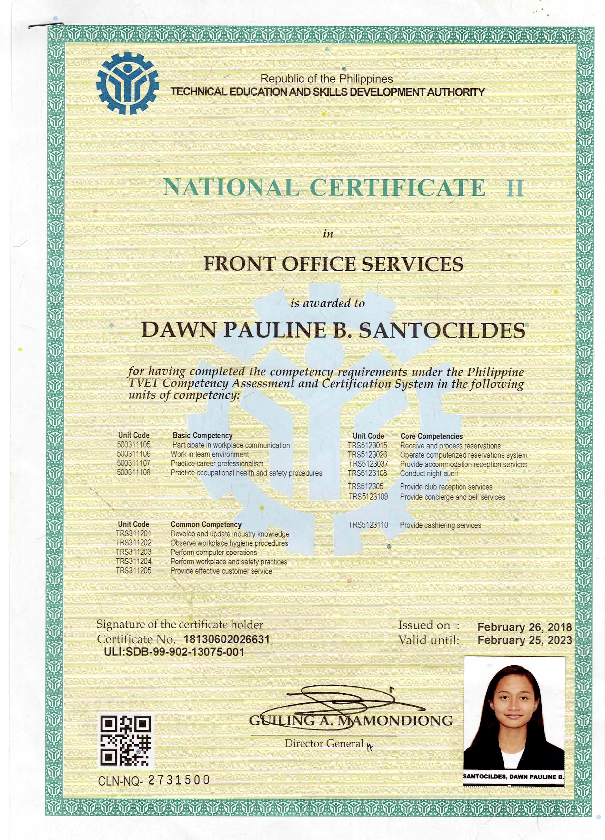 NCII Passer of Front Office Services