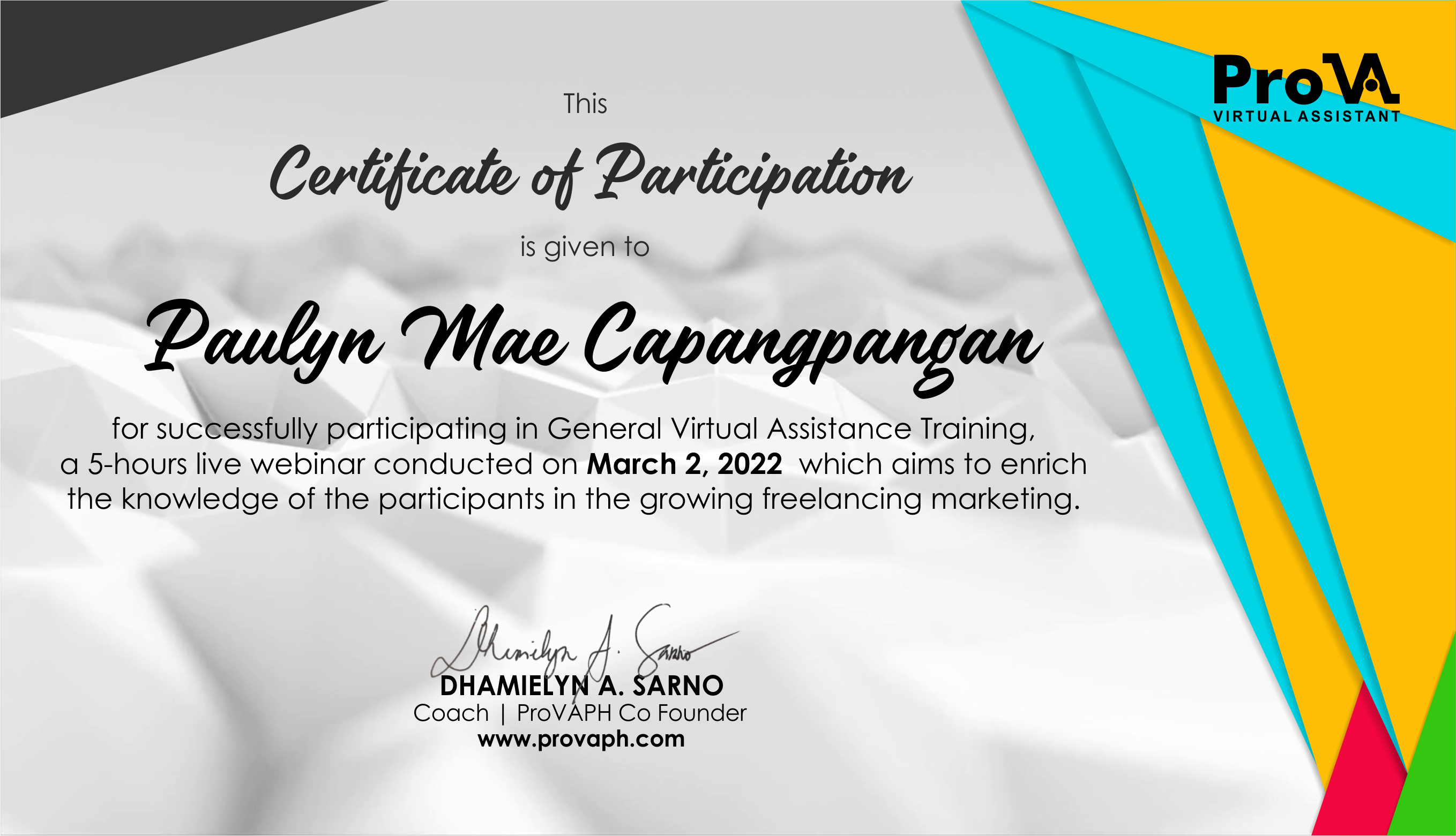 Certificate for Completing  GVA Training