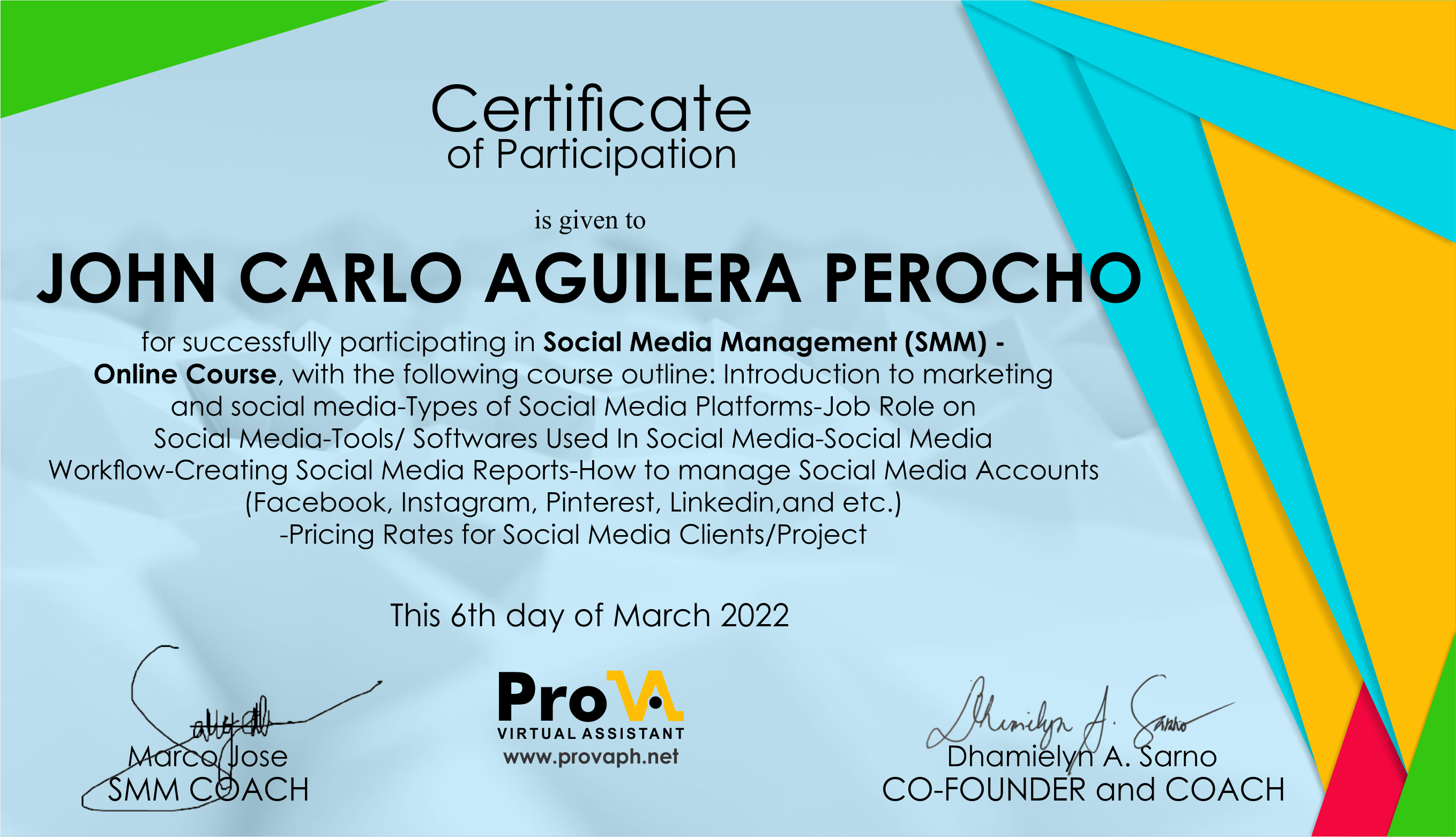 SMM Certificate