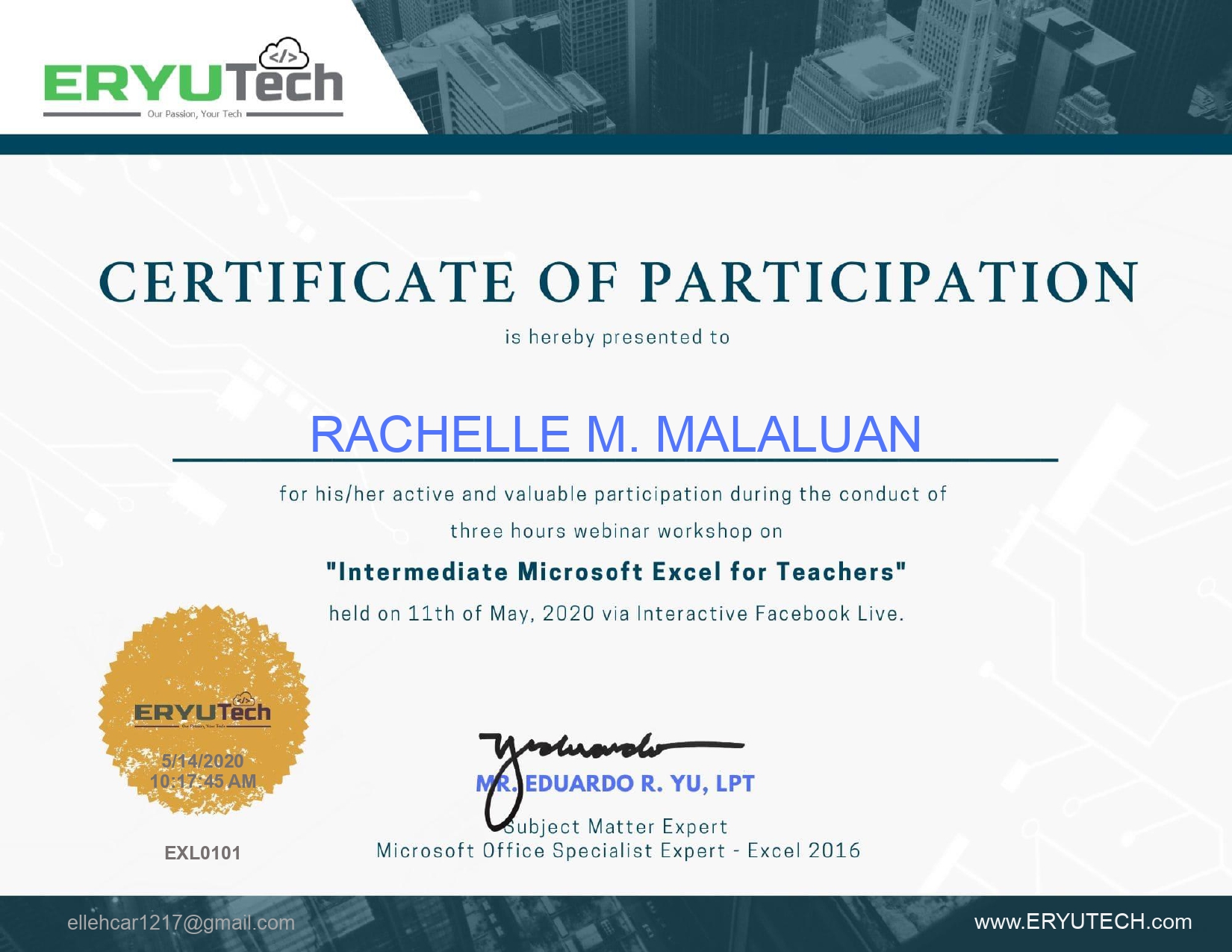 Intermediate Microsoft Excel for Teachers Training by ERYUTech