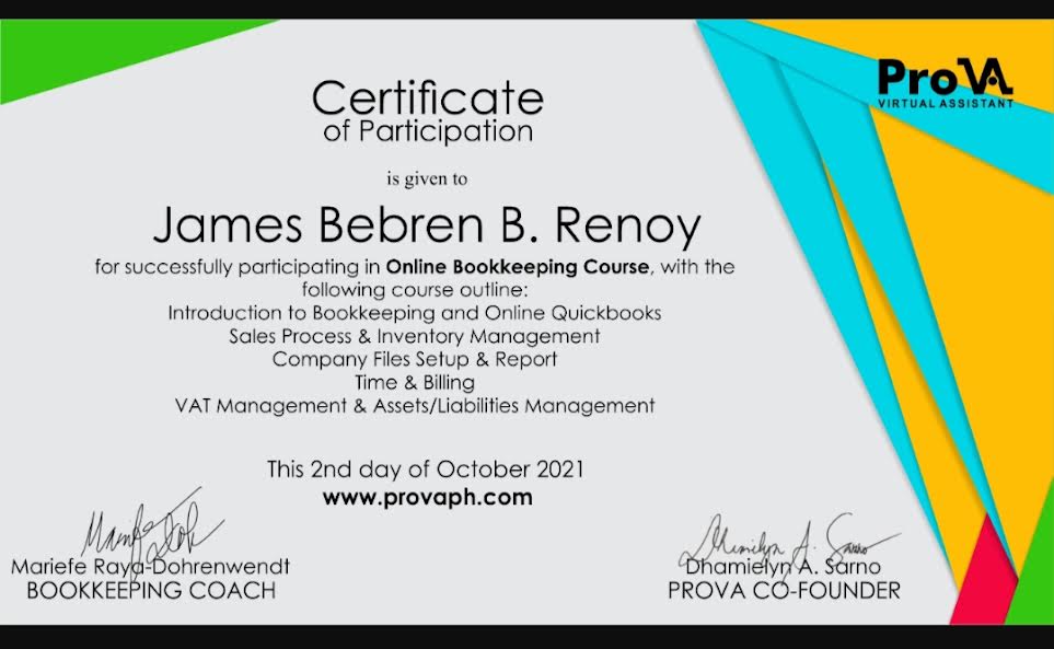 Online Bookkeeping Course Certificate