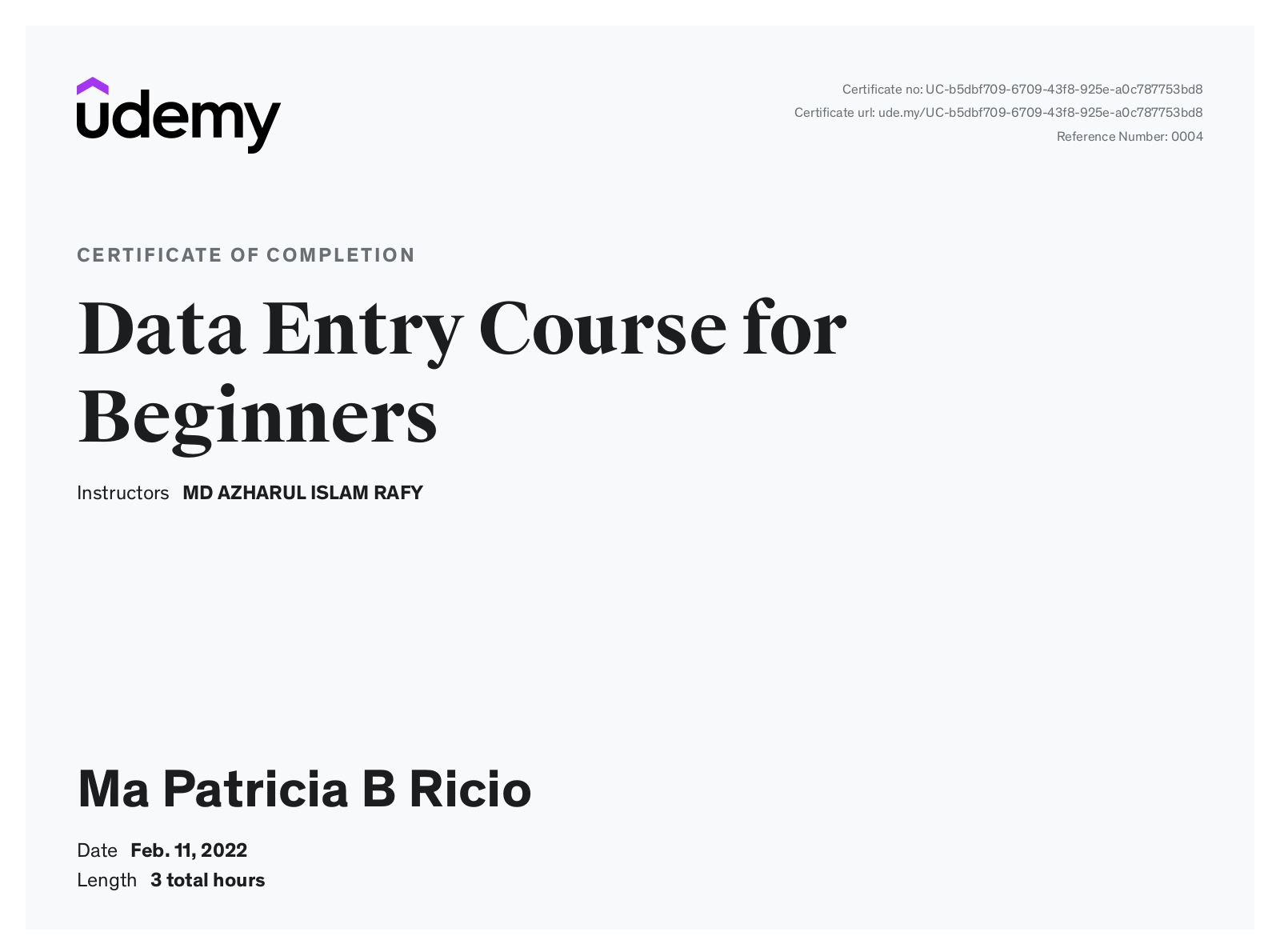 Data Entry Certificate