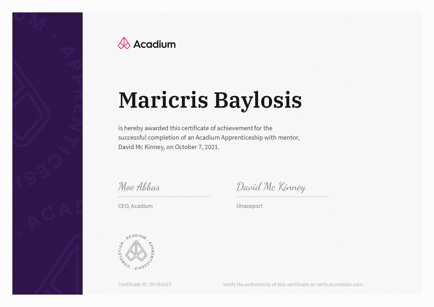 ACADIUM CERTIFICATE