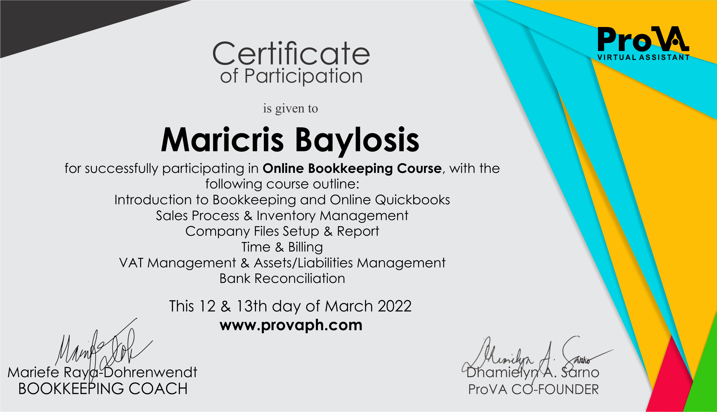 Online Bookkeeping Course Certificate