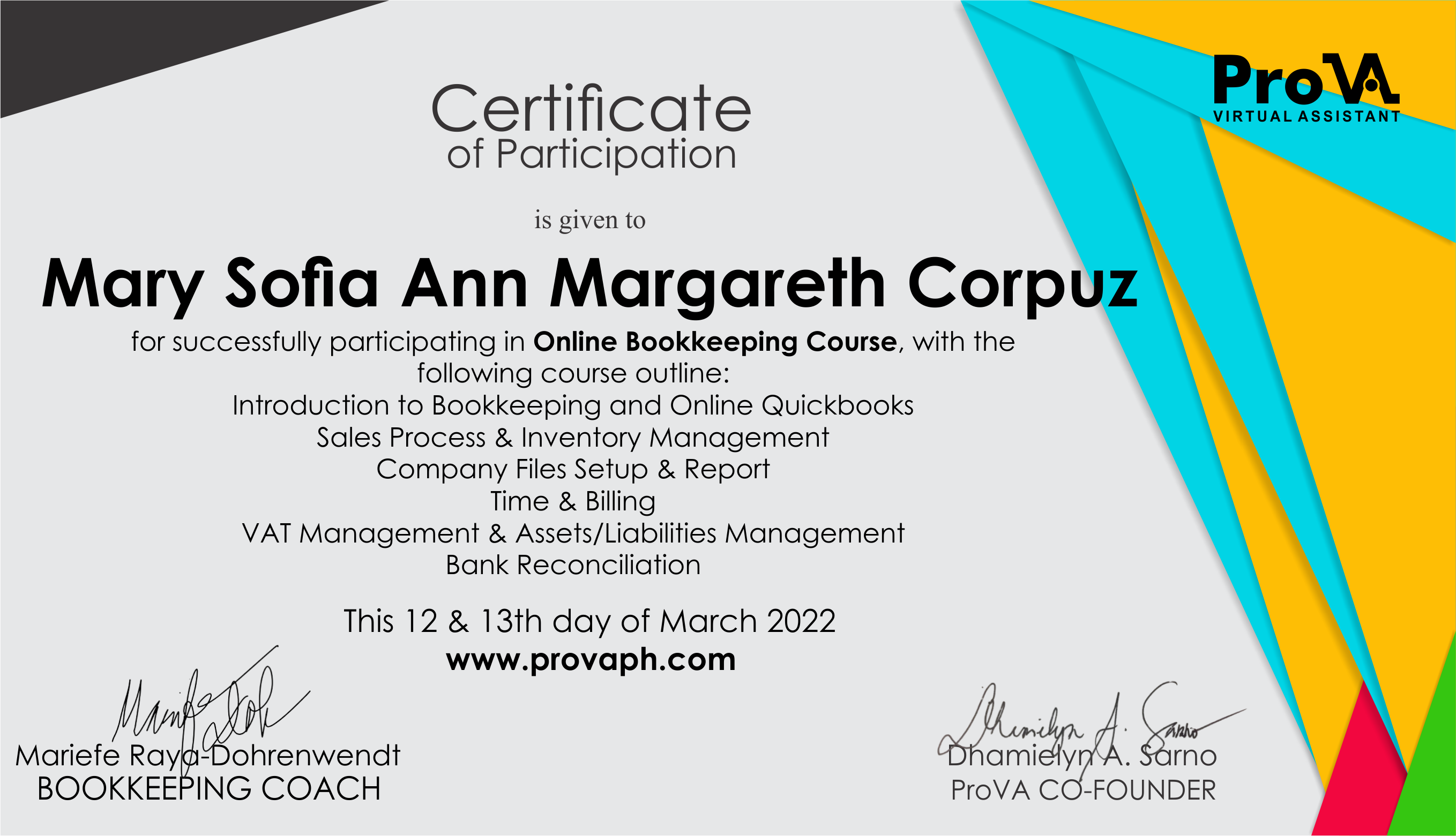 ProVa Quickbook Certificate