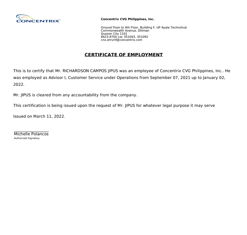 Concentrix Cert. Of Employment