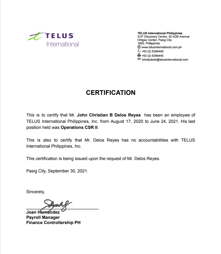 Certificate of Employment (TELUS)