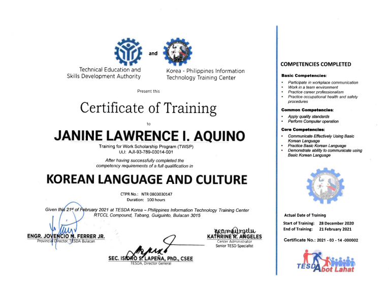 KLT Certificate