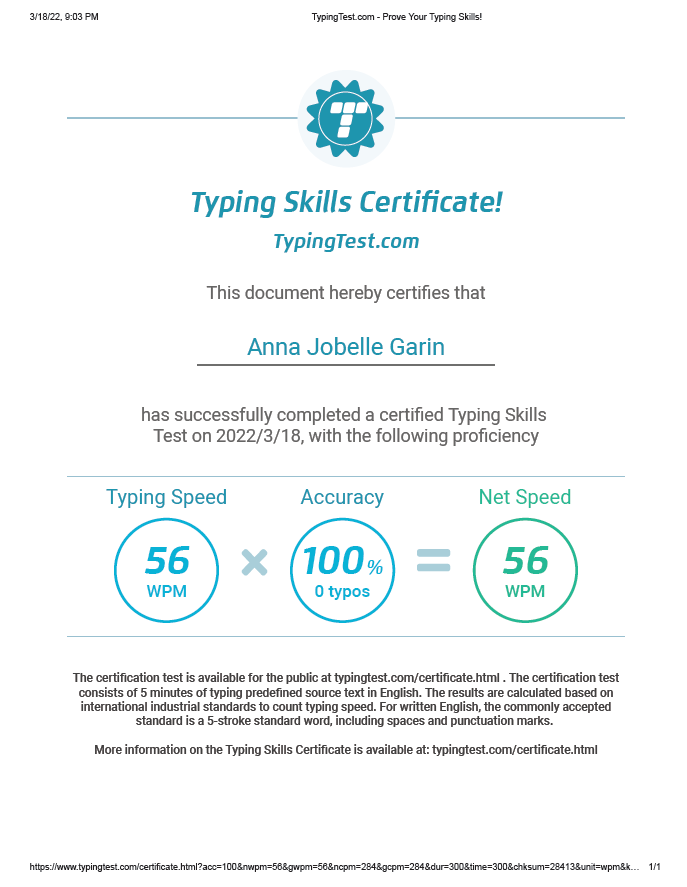 Typing Test Certificate