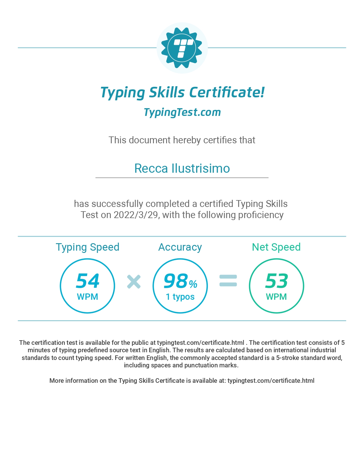 Typing Skills Certificate