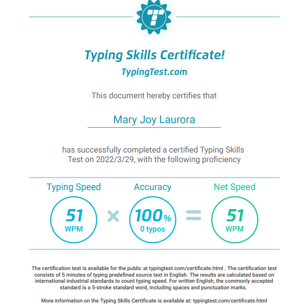 Speed Typing Test Certificate