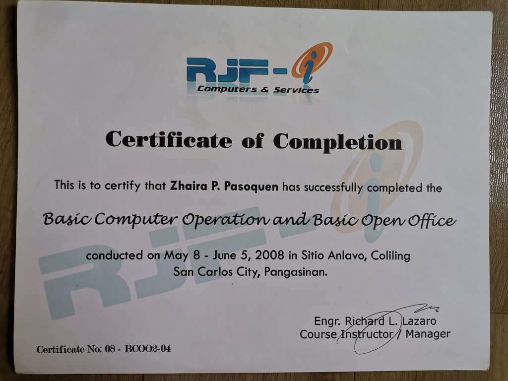 Basic Computer Operation and Basic Office Certificate