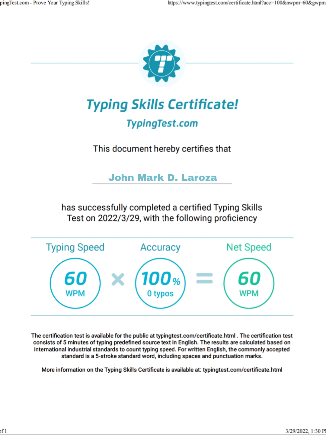 Typing  test  Certificate