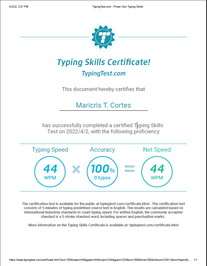 Typing Skills Certificate