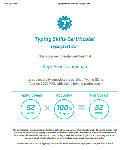 Typing Test Certificate