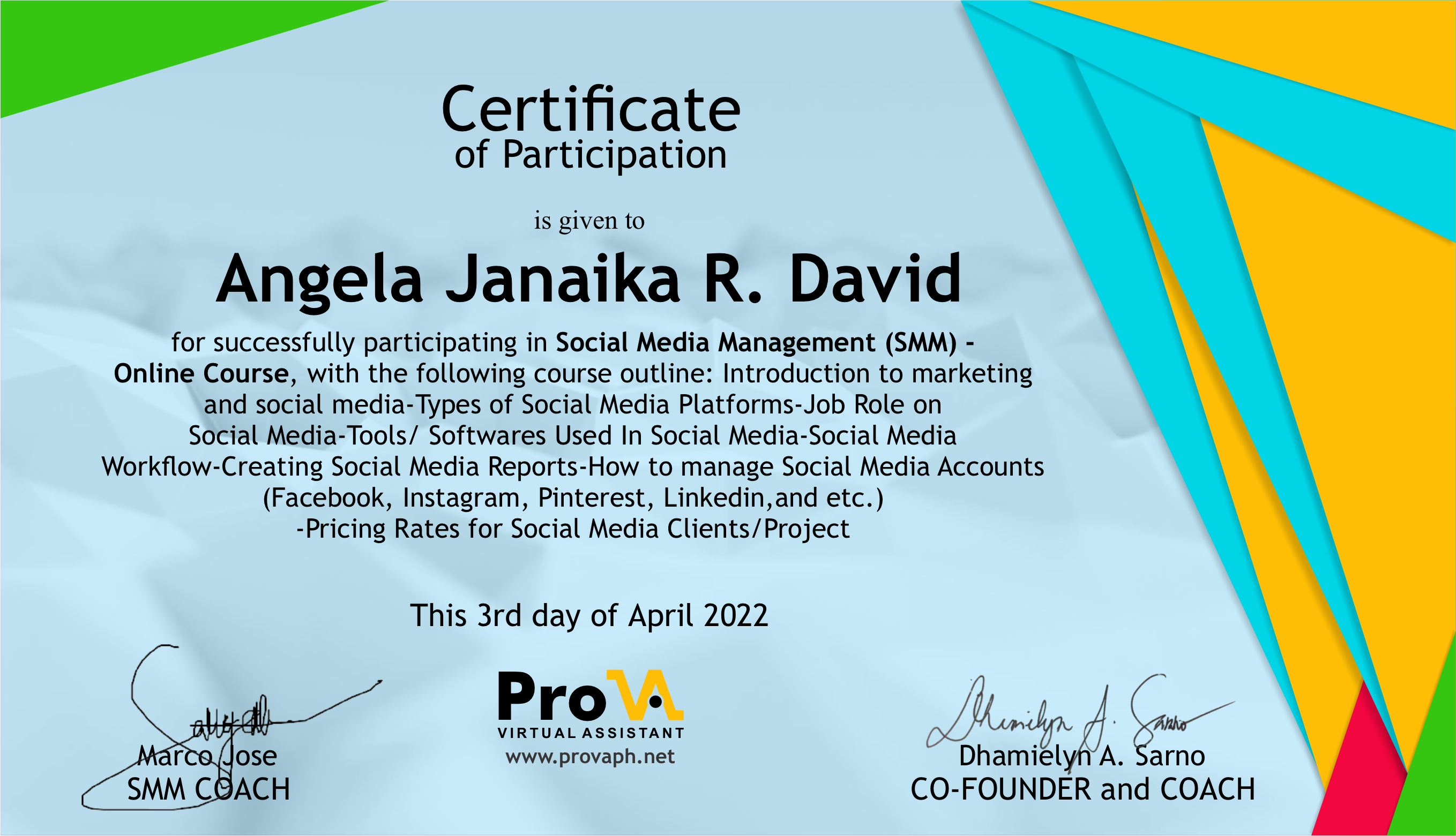 Social Media Manager certificate