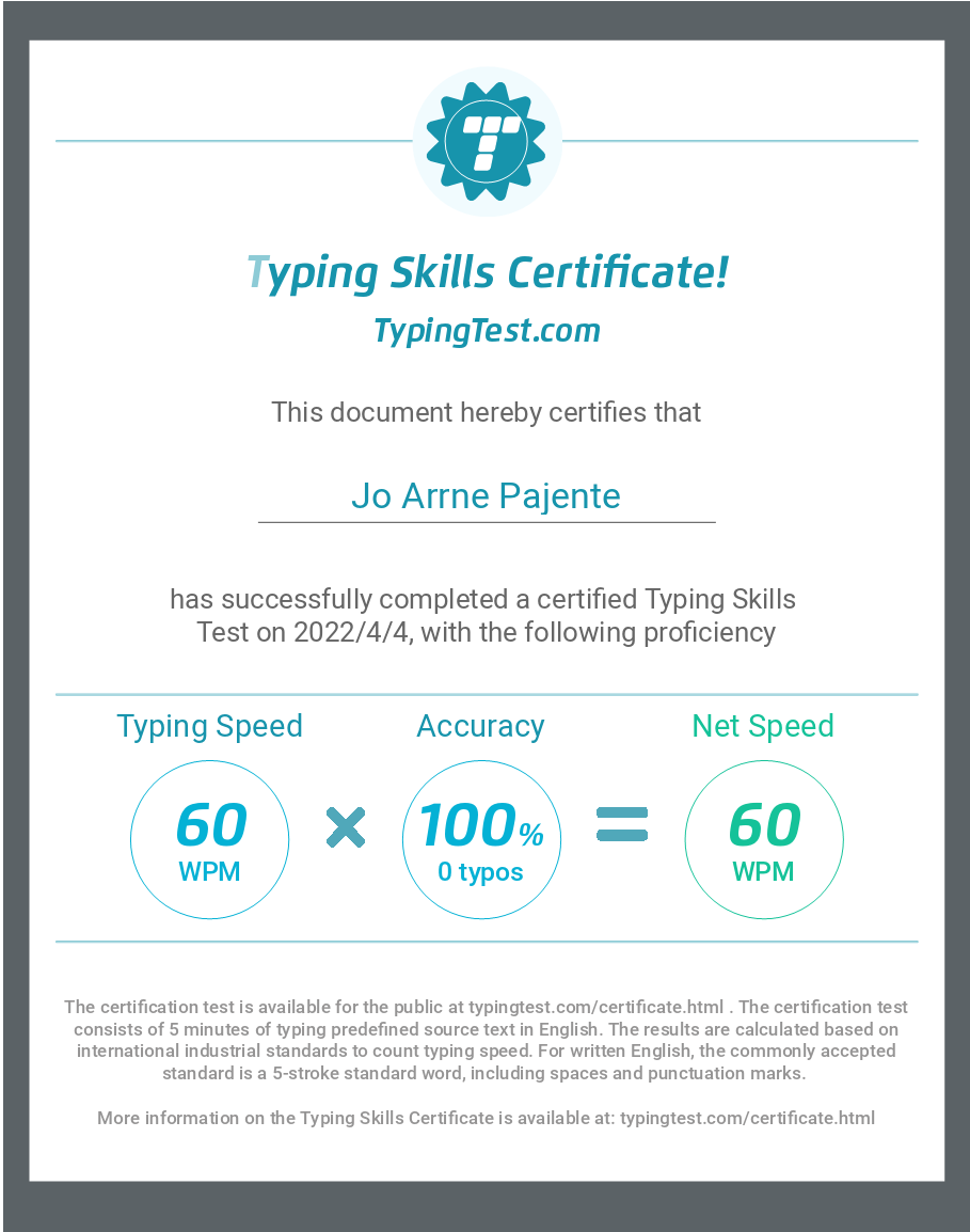 Typing Test Certificate