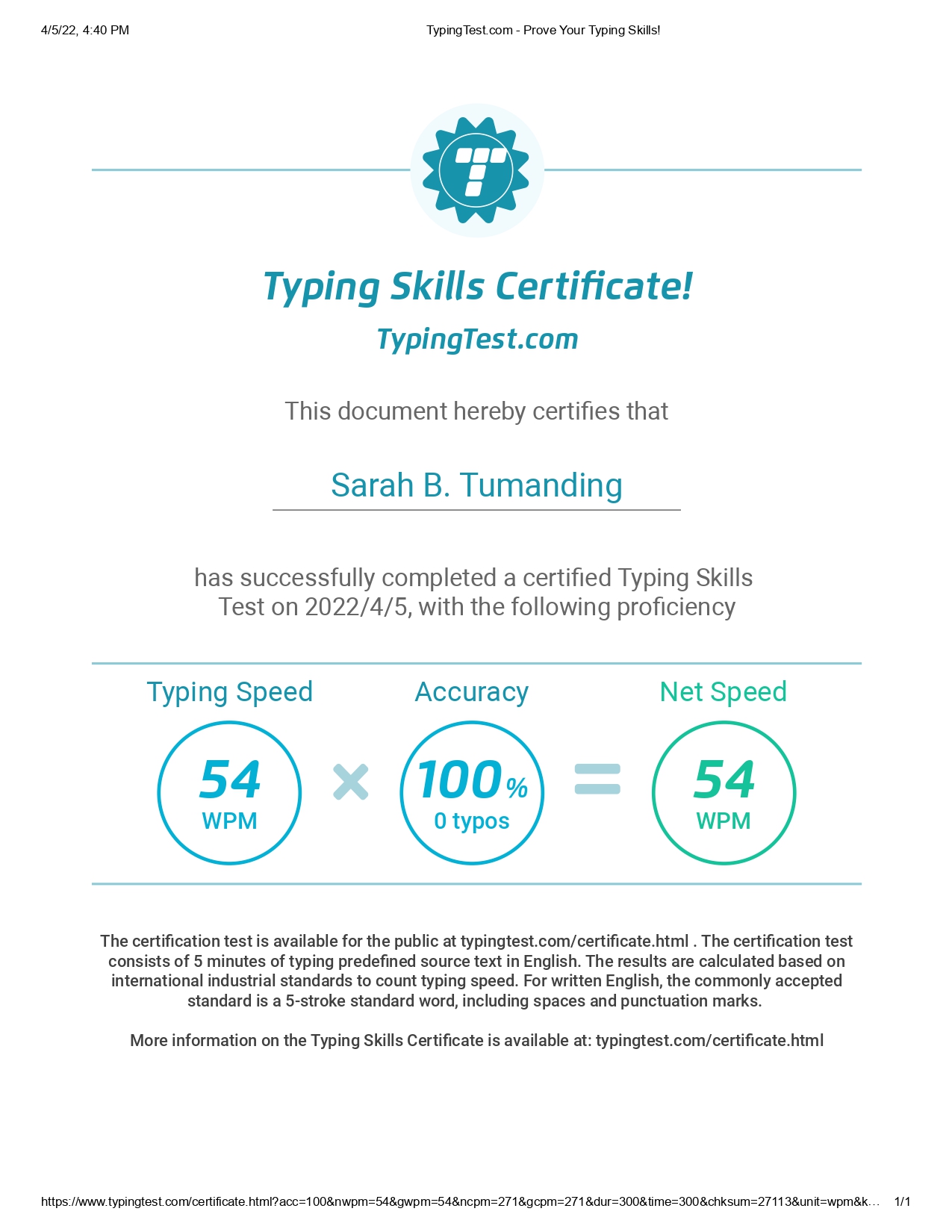 Typing Test Certificate