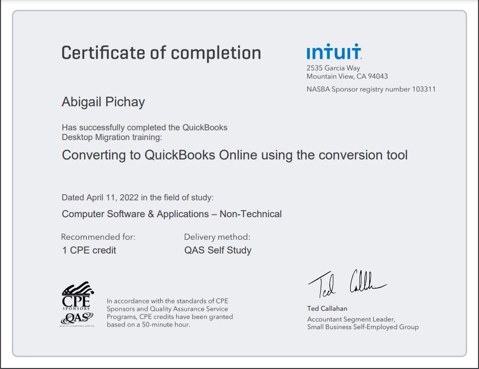 Converting to Quickbooks Online Certificate