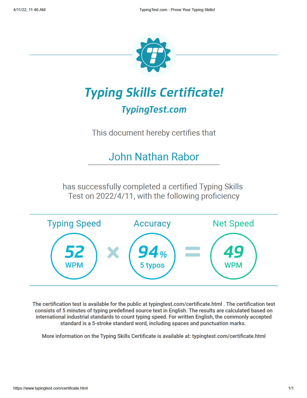 TypingTest.com Certificate