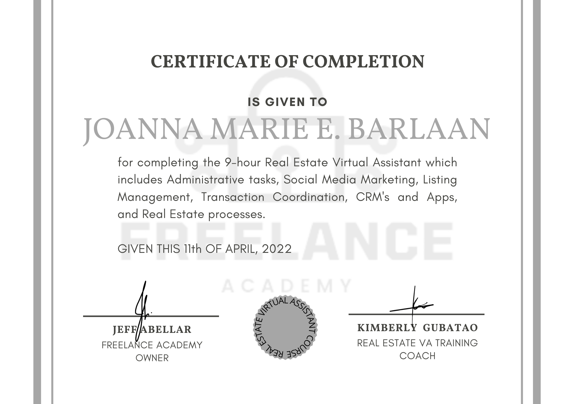 Certificate of Real Estate