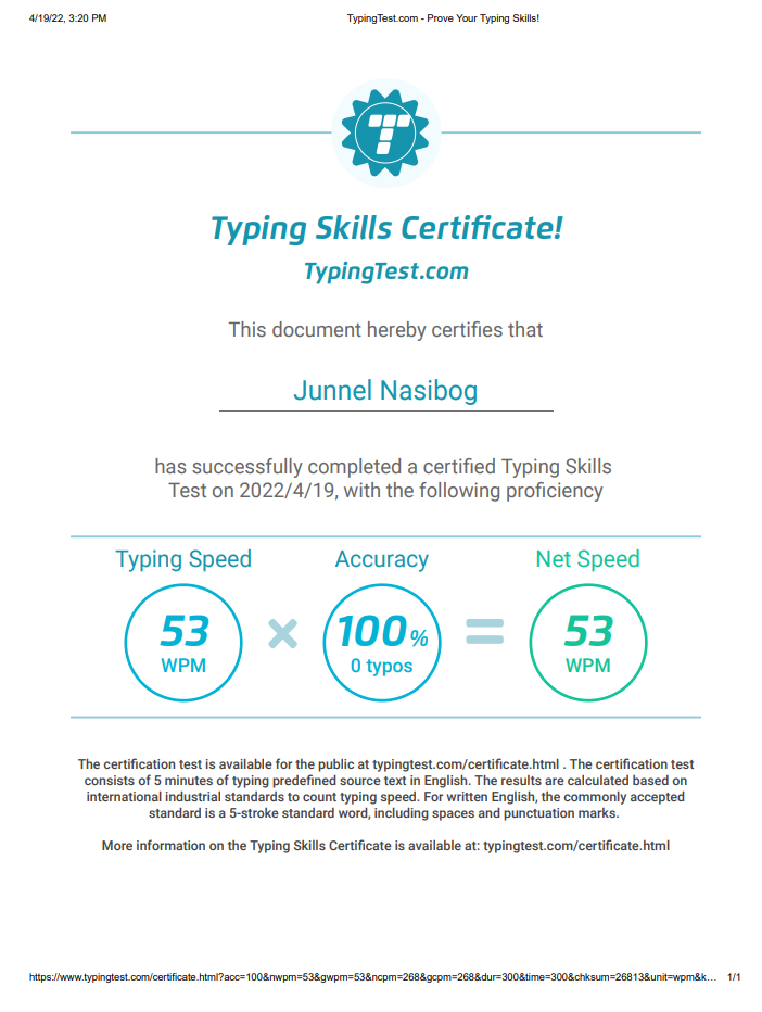 Typing Test Certificate