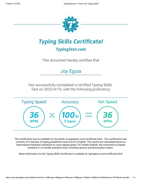 TYPING TEST CERTIFICATE