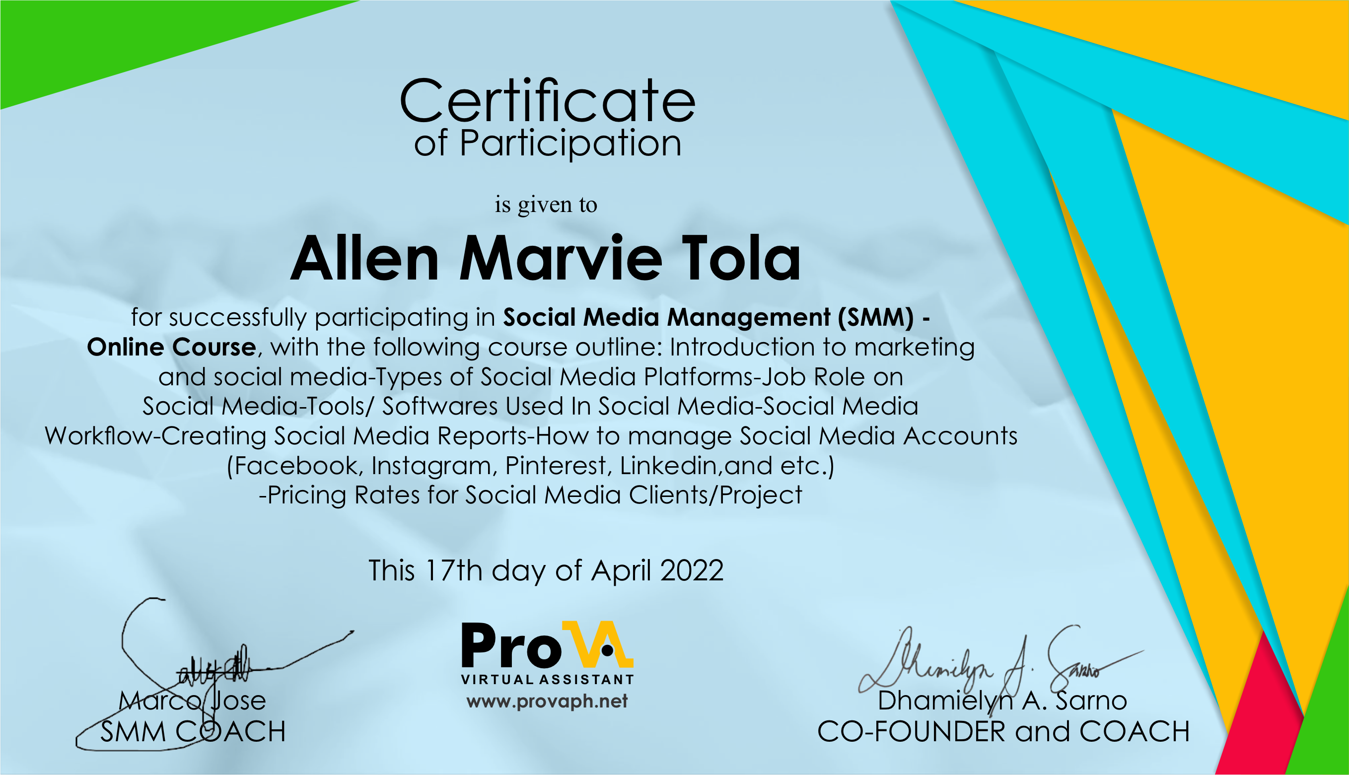 Certificate of Participation - Social Media Management