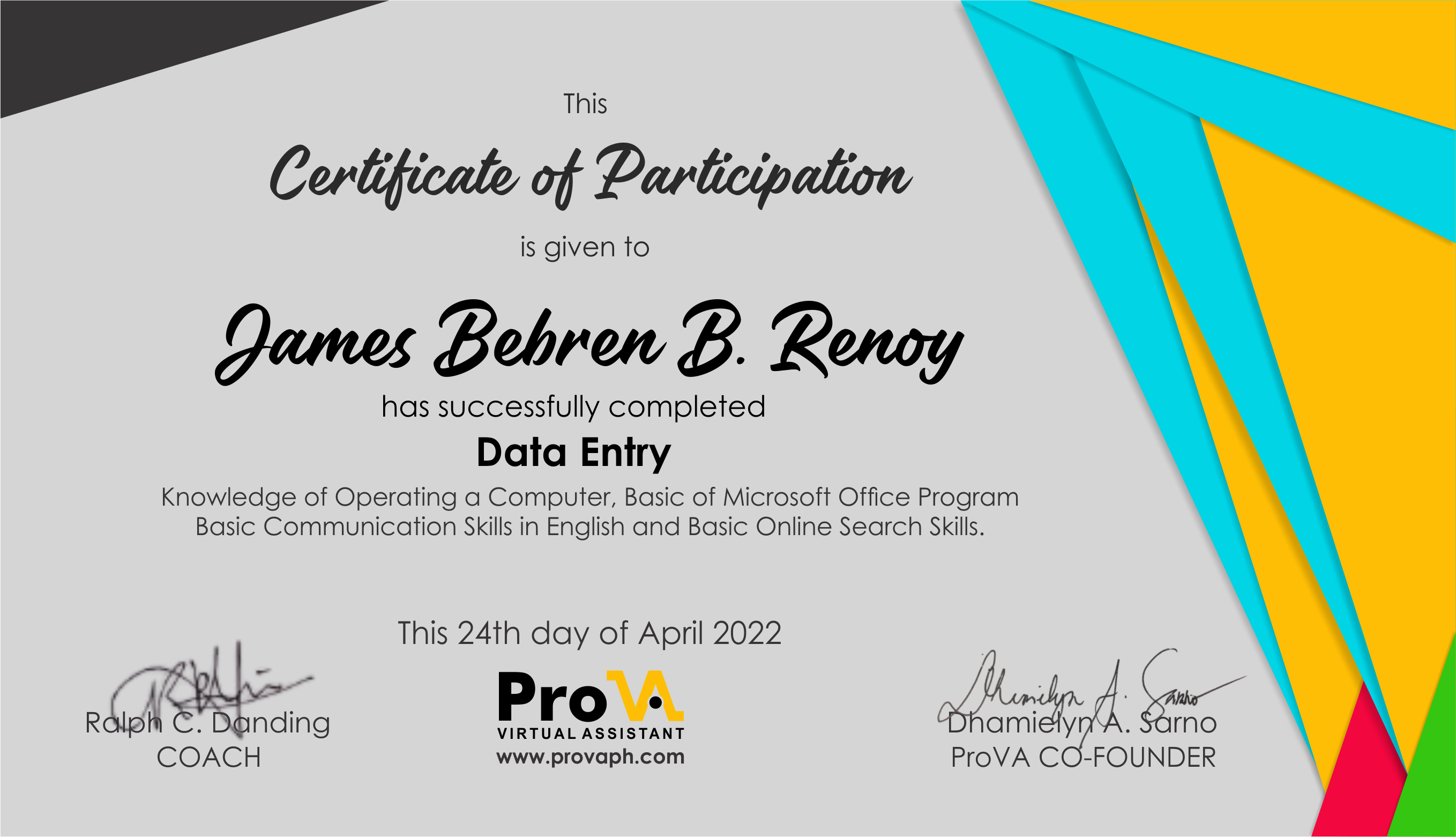 Data Entry Certificate