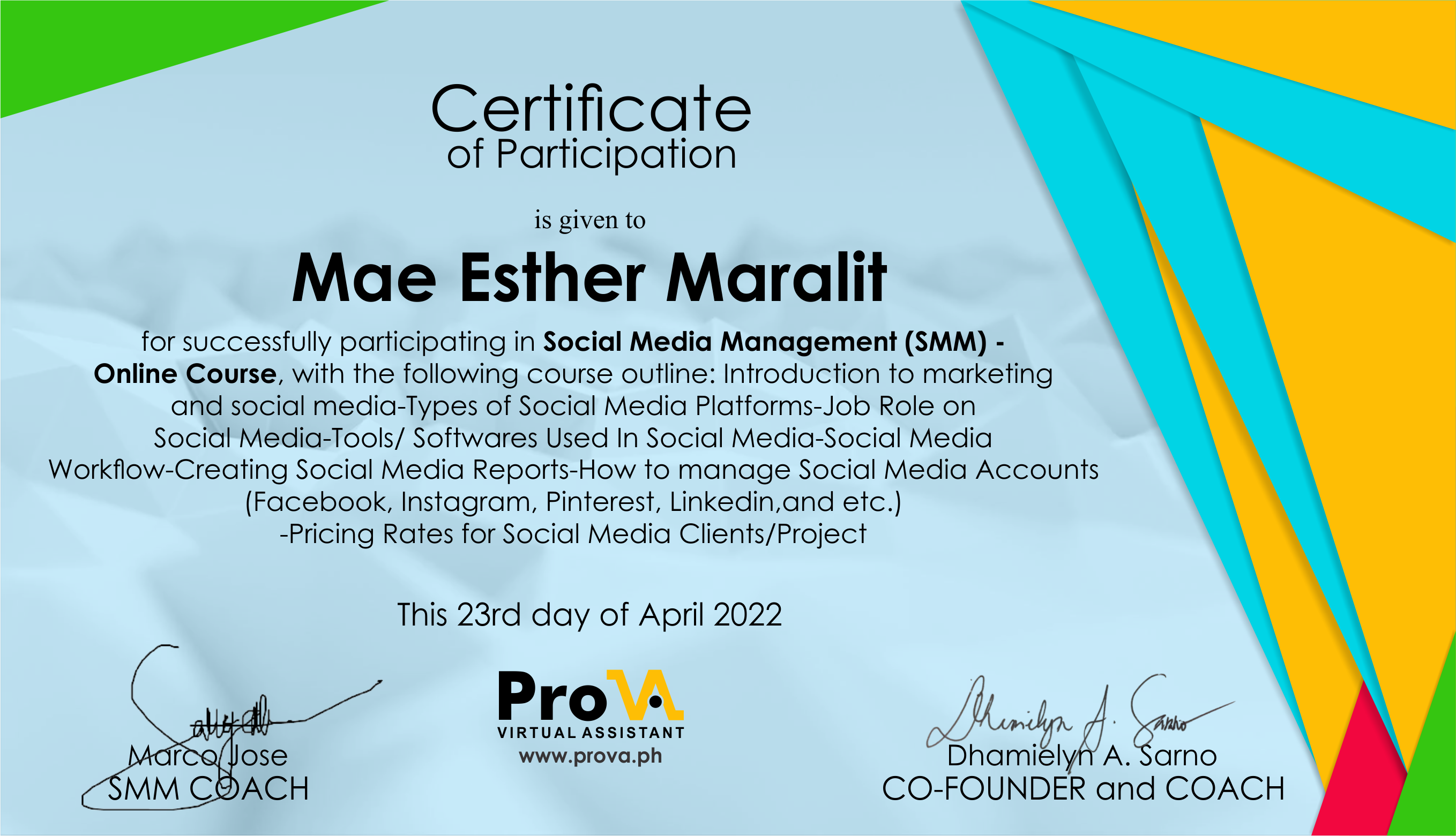 Social Media Management (SMM) Training Certificate