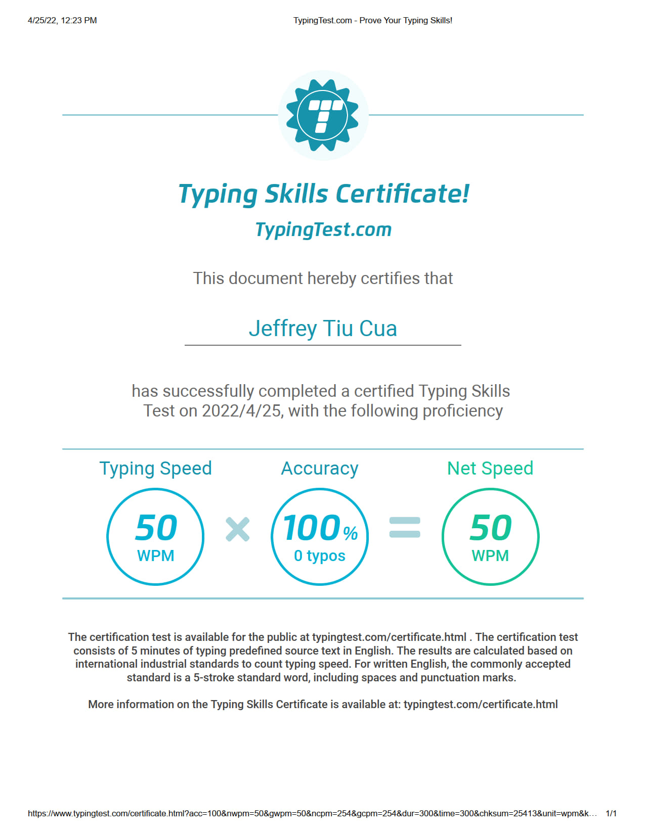 Typing Test Certificate