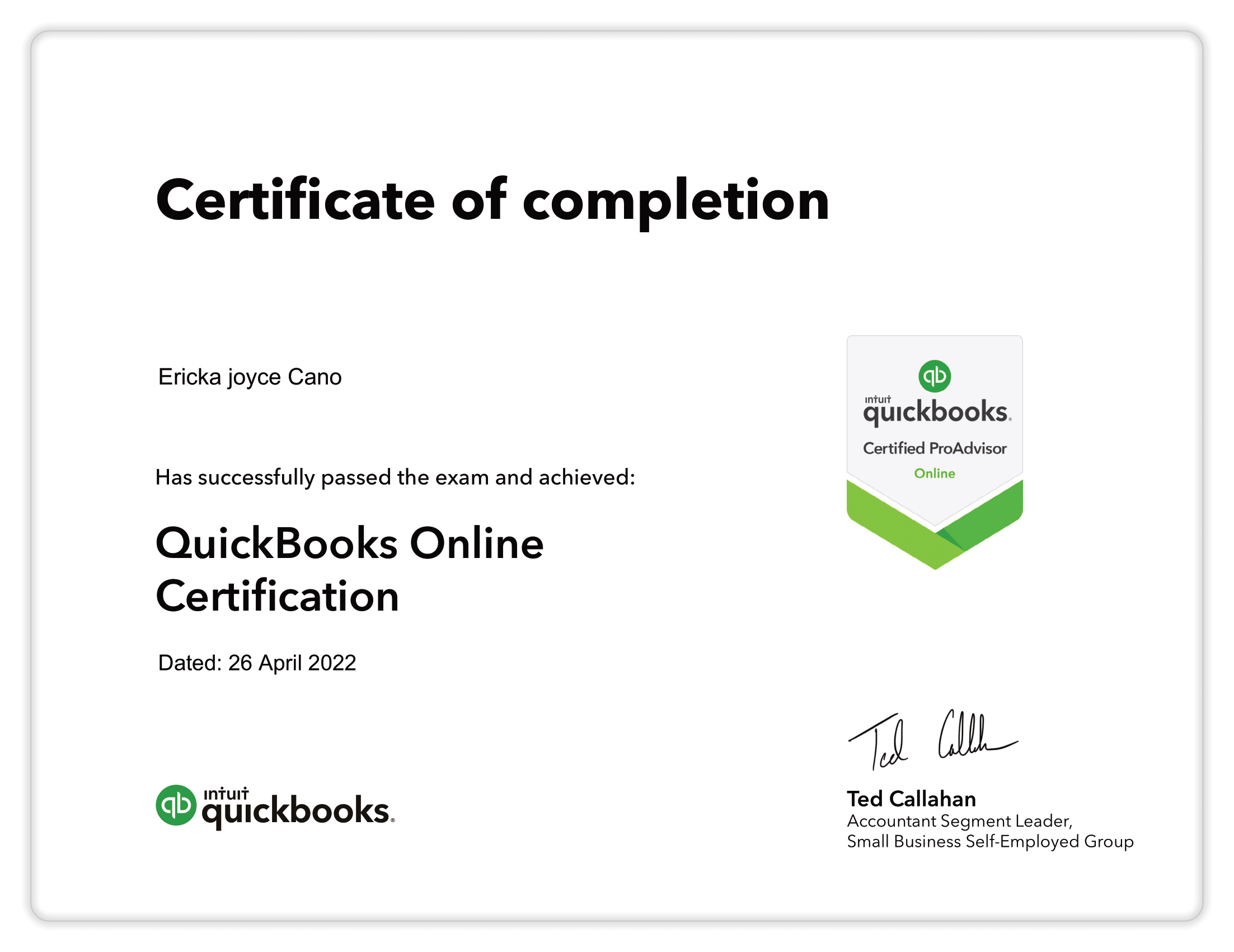 QuickBooks ProAdvisor Certificate