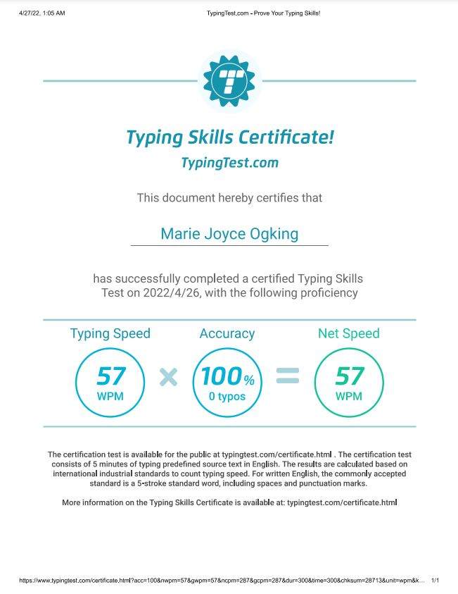 Typing Test Certificate