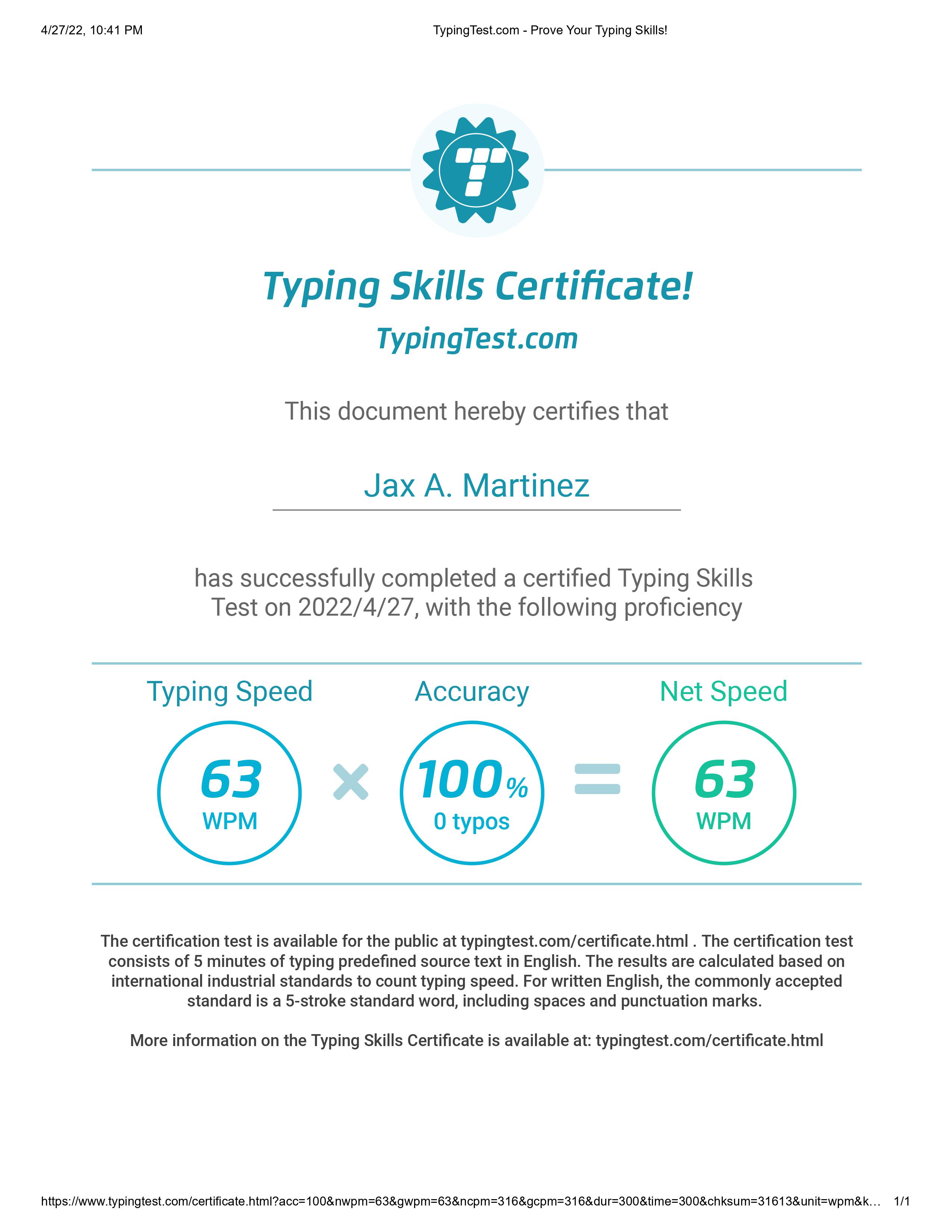 Typing Skills Certificate