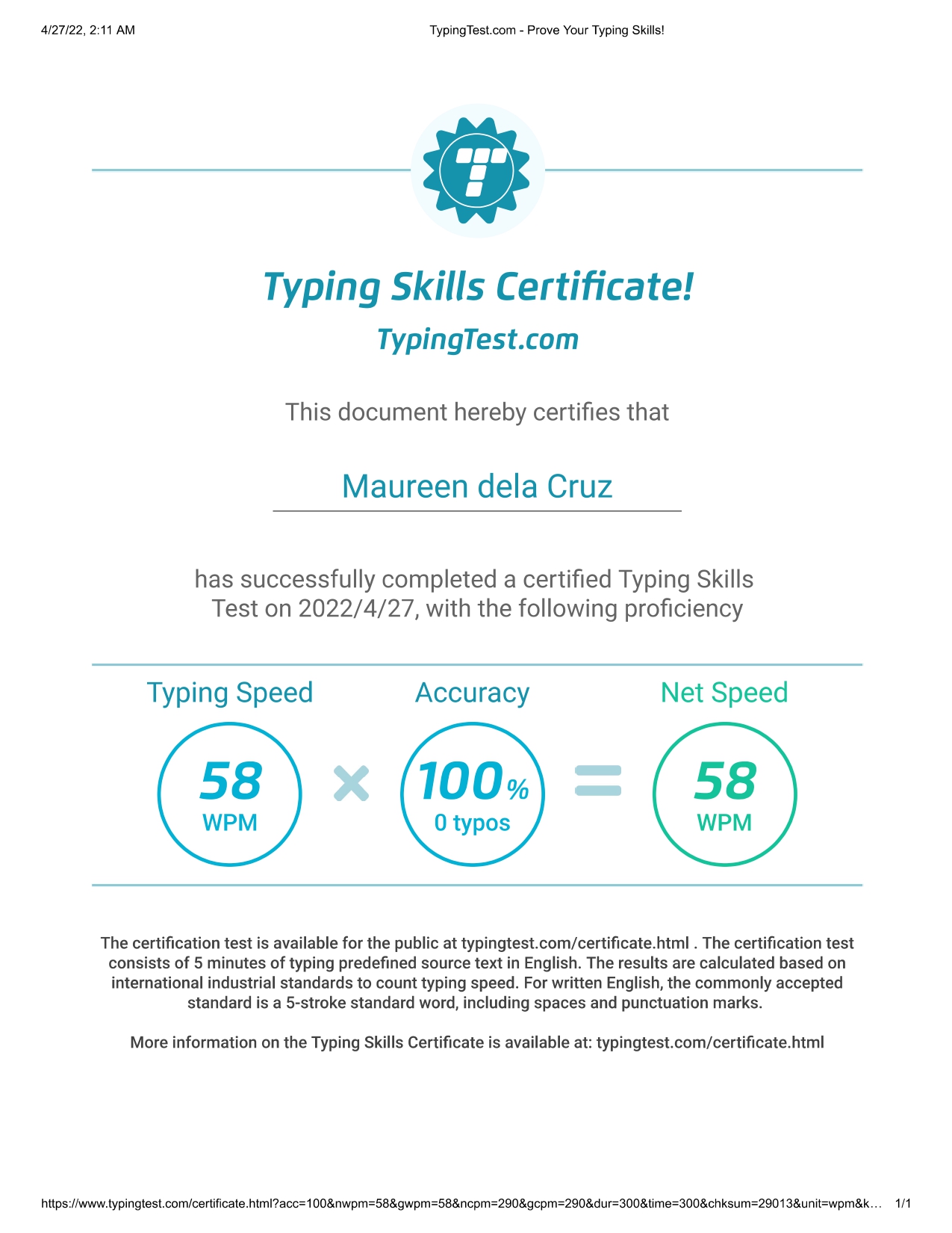 Typing skills certificate