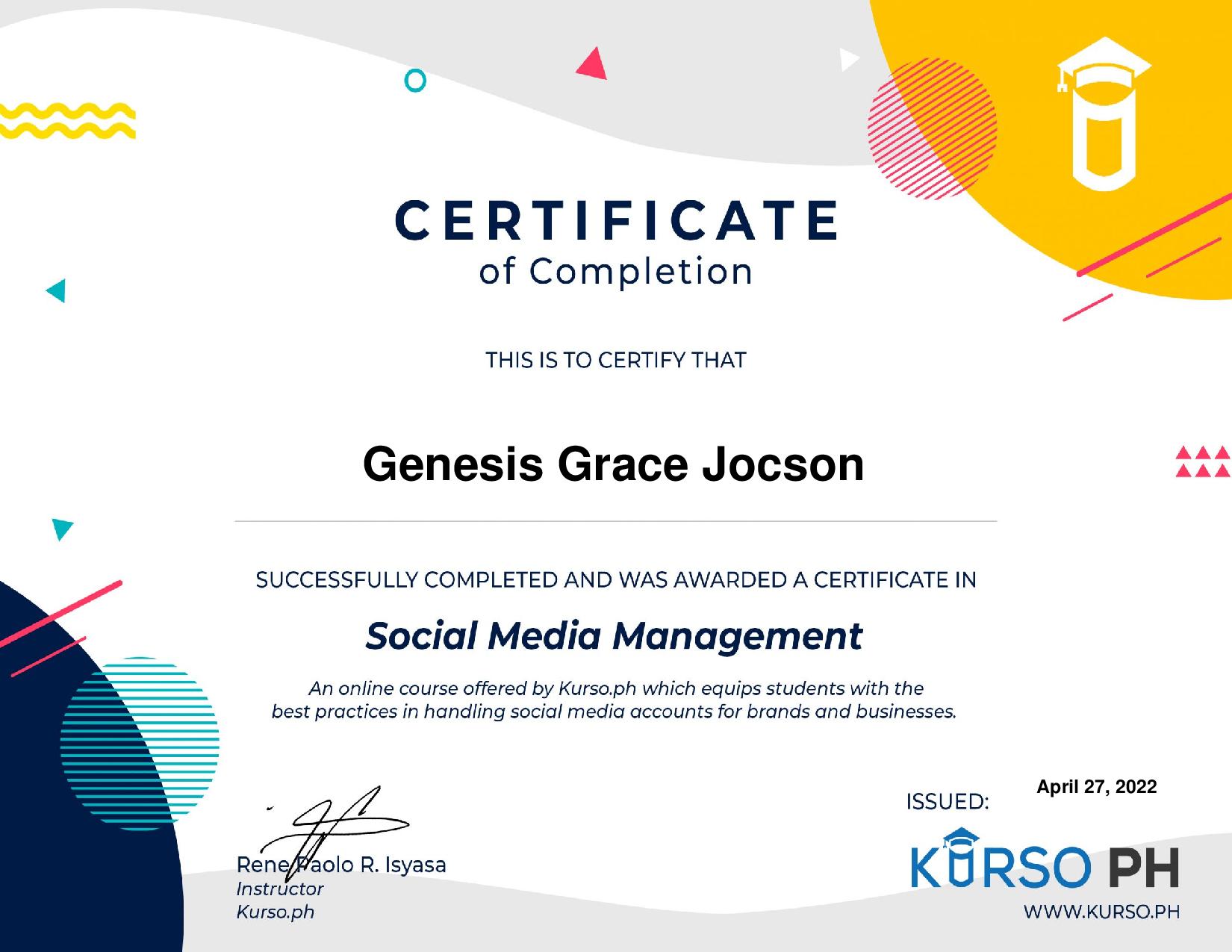 Social Media Management Course Certificate