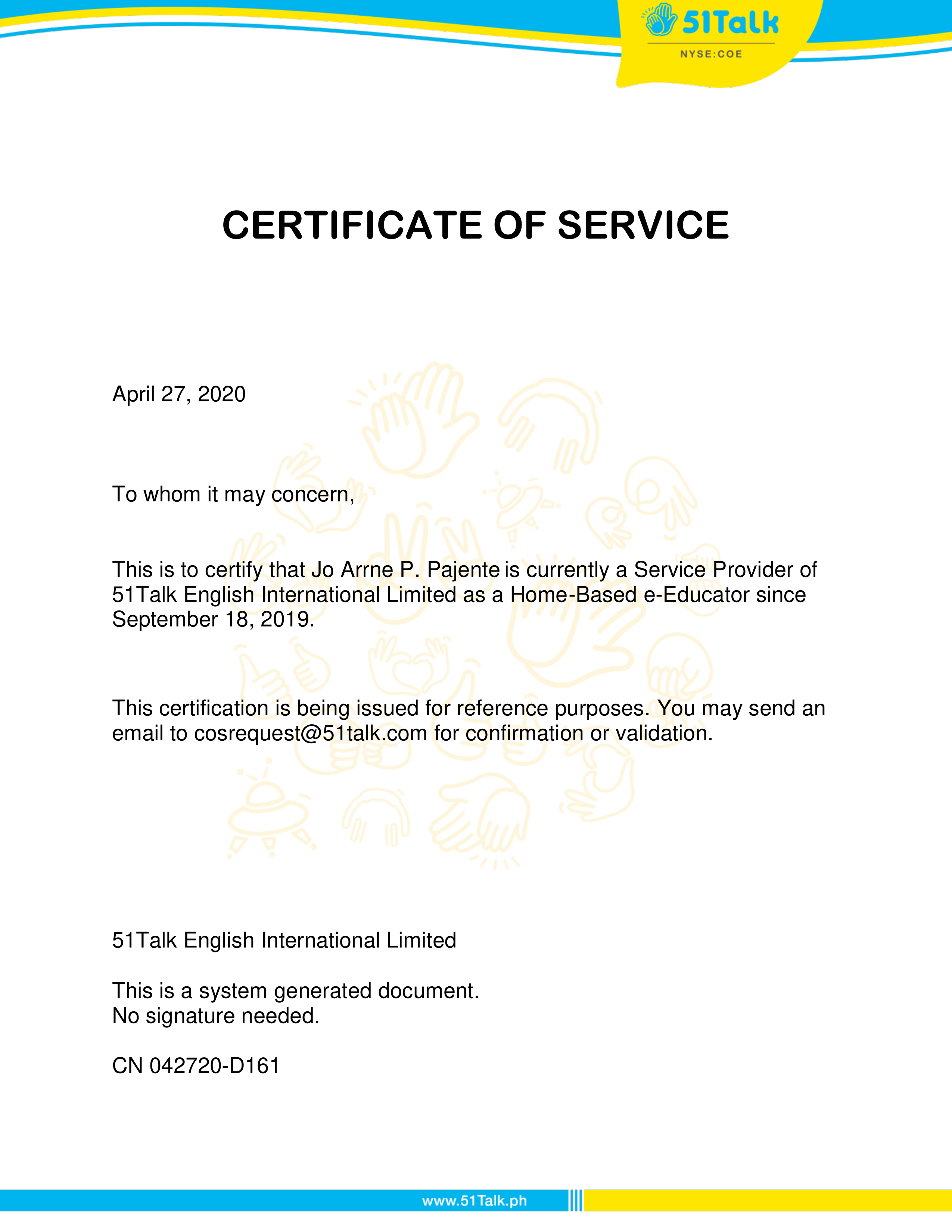 51Talk Certificate of Service