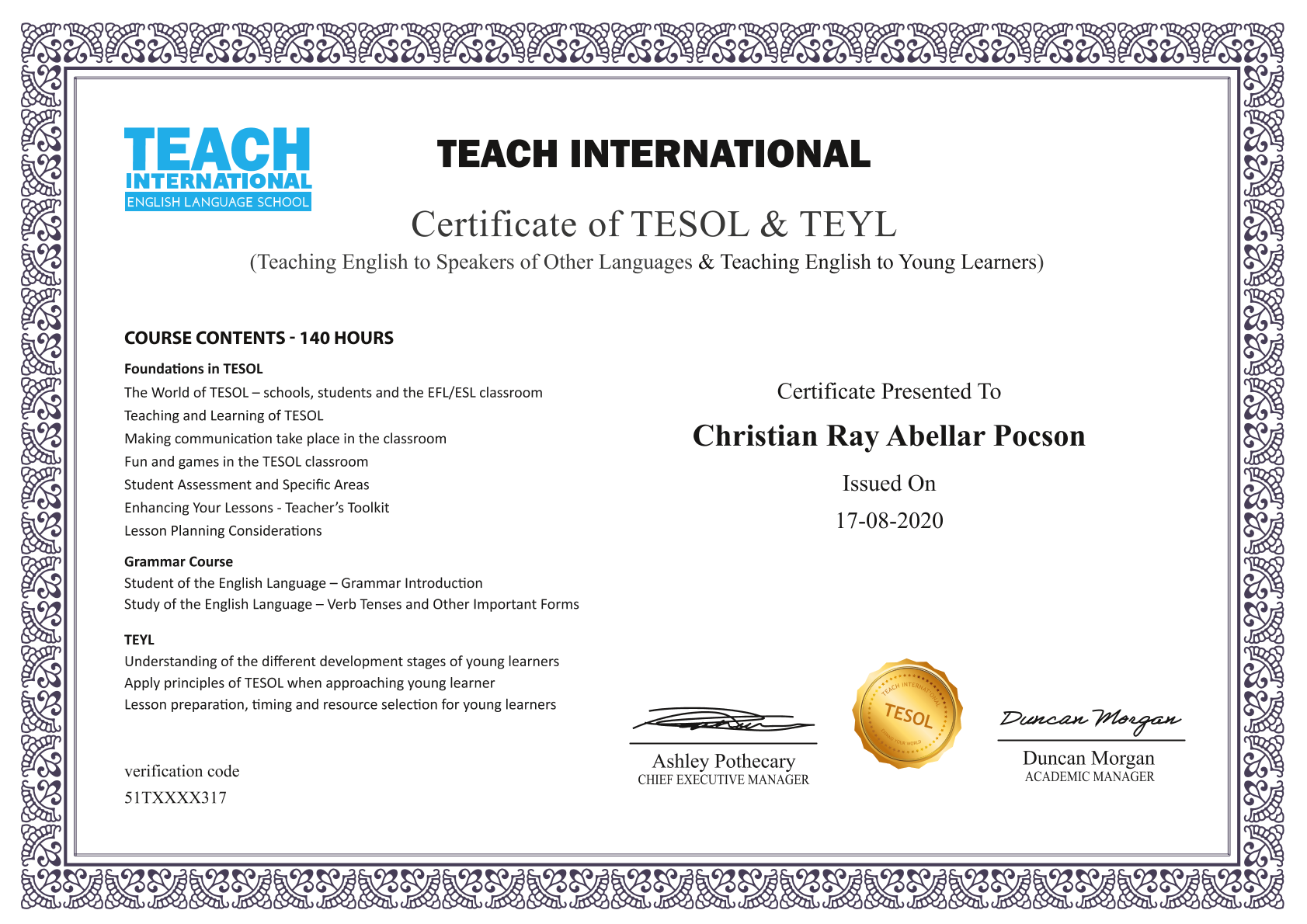 TESOL & TEYL Completion Certificate