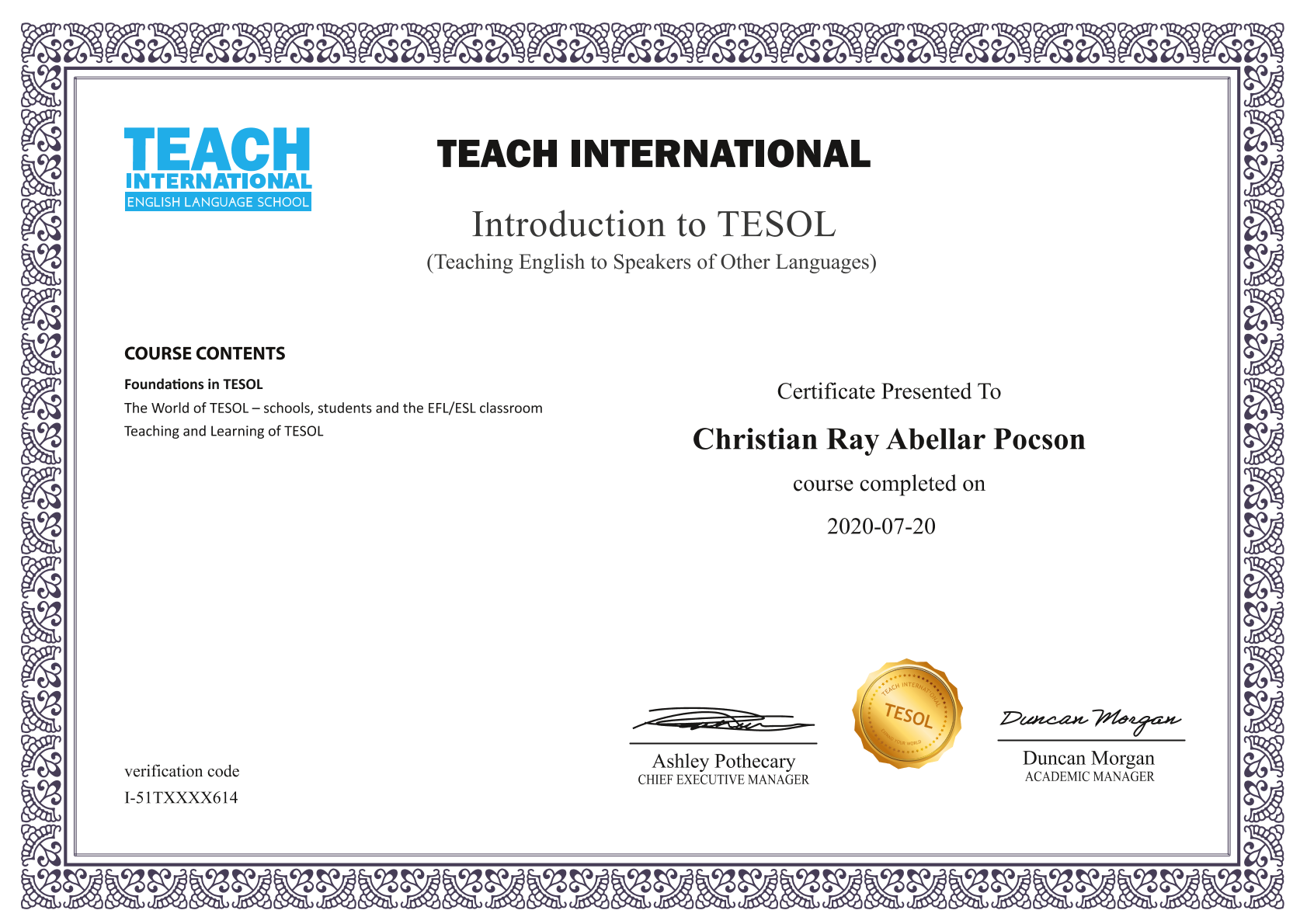 Introduction to TESOL Completion Certificate