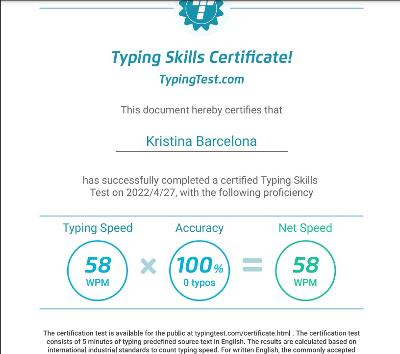 Typing Skill Test Certificate