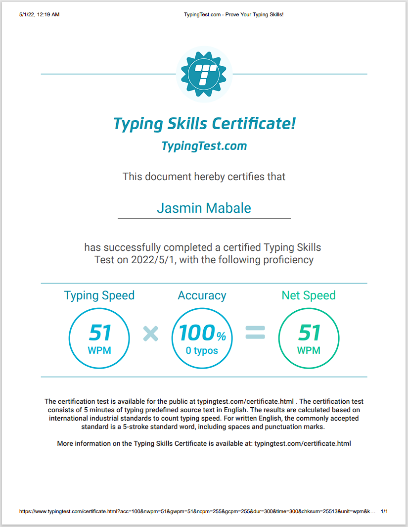 Typing Test Certificate