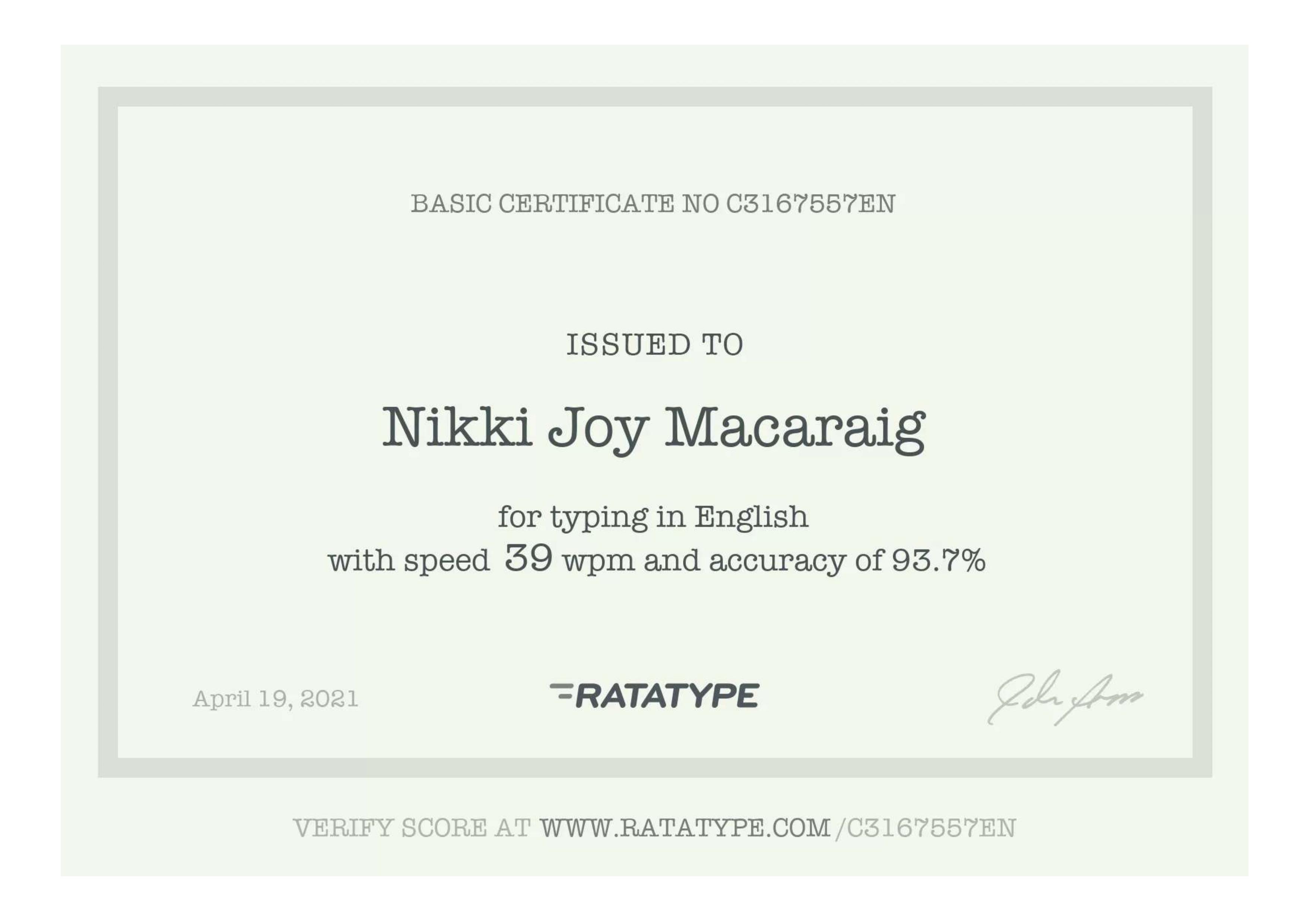 Typing Test Certificate