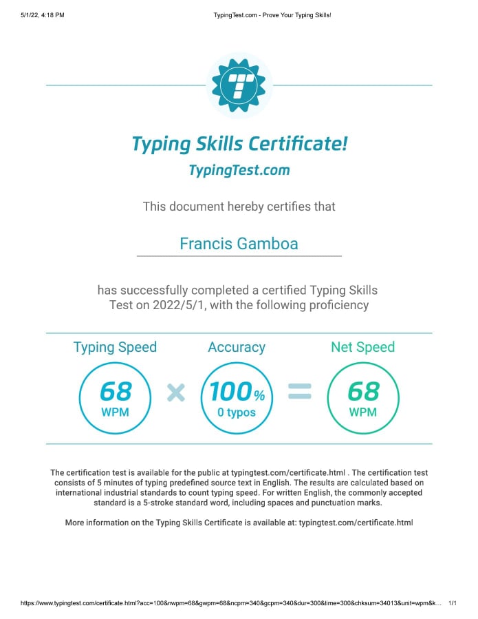 Typing Test Certificate