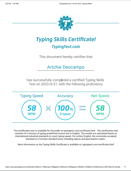 Typing Certificate