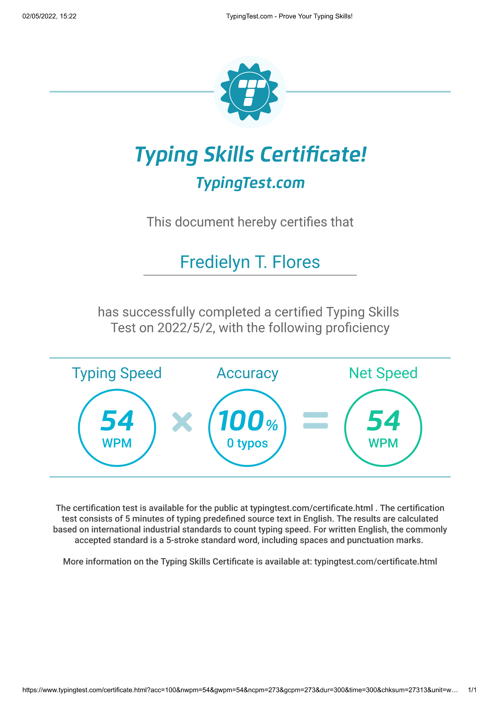 Typing Test Certificate