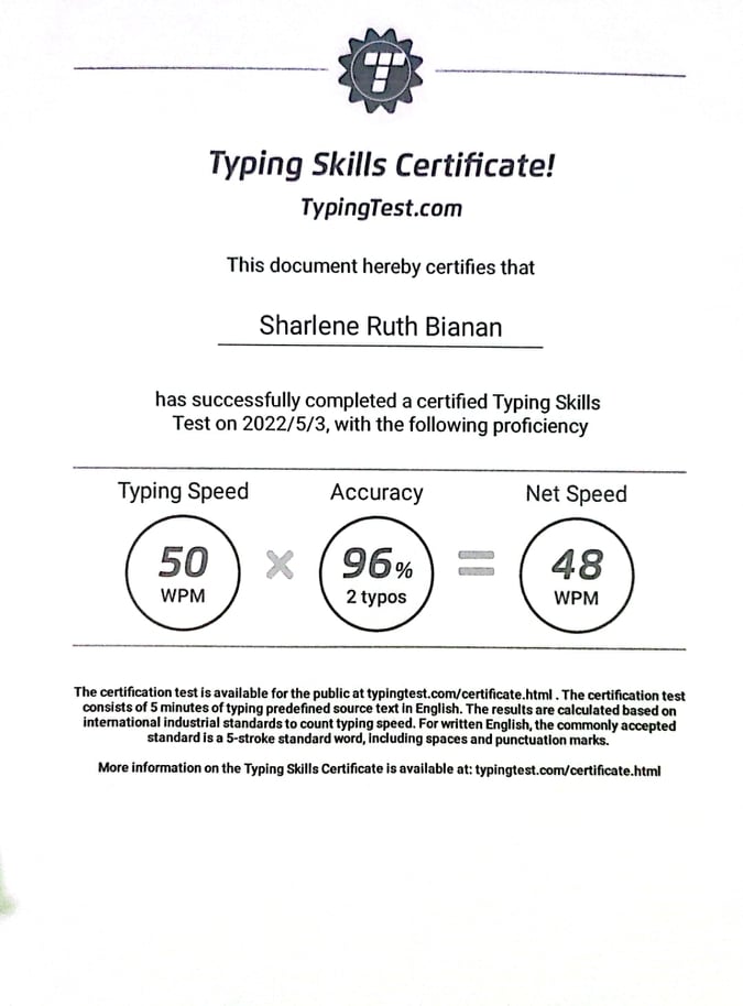 Typing test Certificate