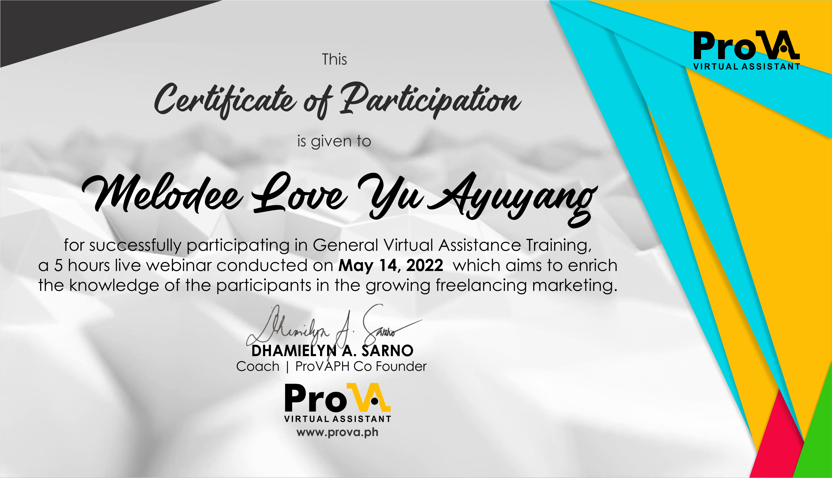 Certificate of Participation Professional Virtual Assistant