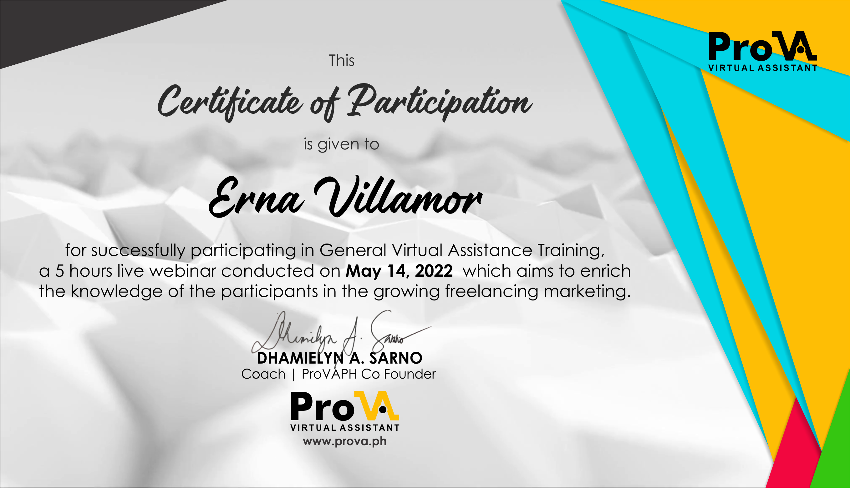 ProVA-Certificate of Training Completion for General Virtual Assistance Program